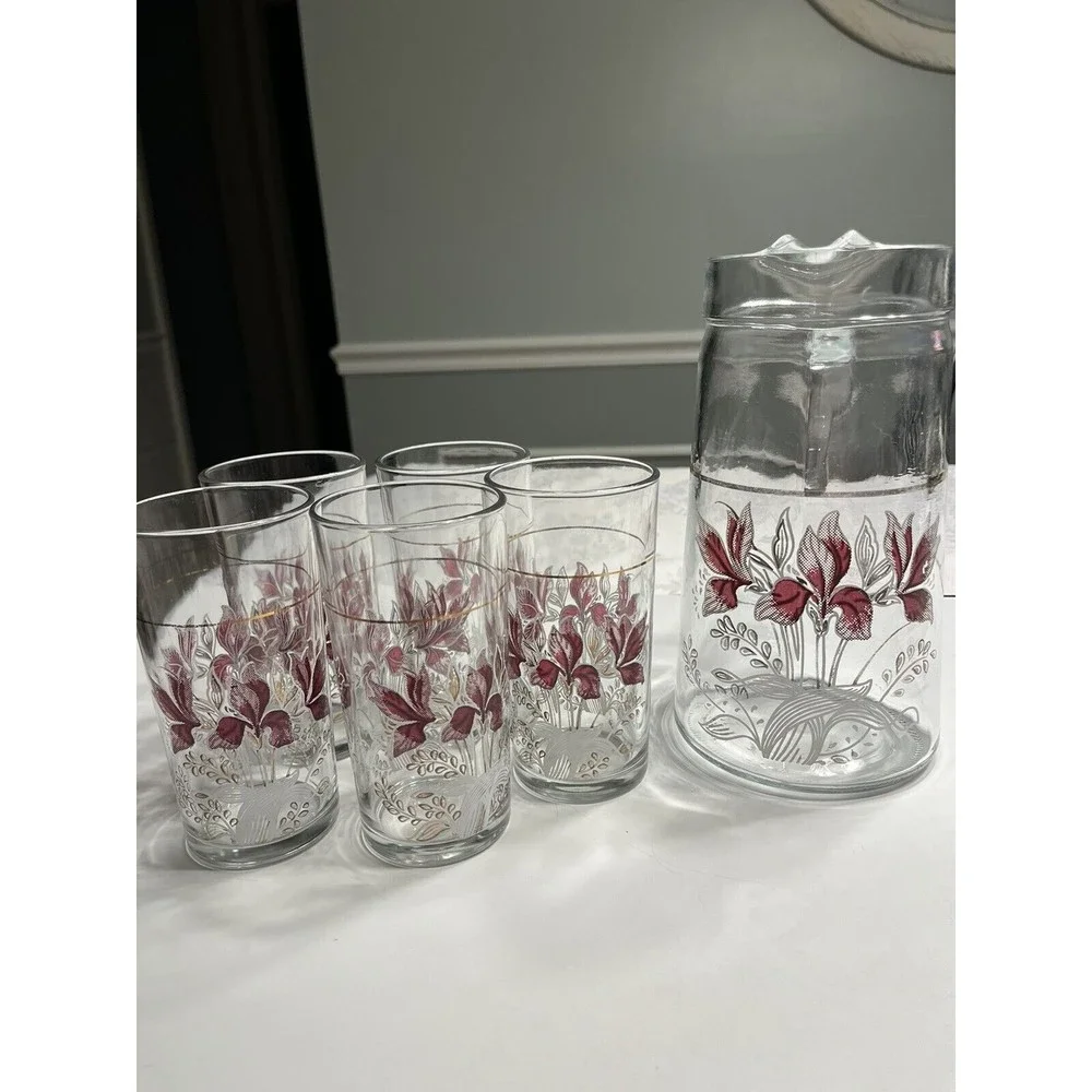 6pc Vtg Floral Glass Water Juice Pitcher w 10oz Drinking Tumblers Glasses Italy